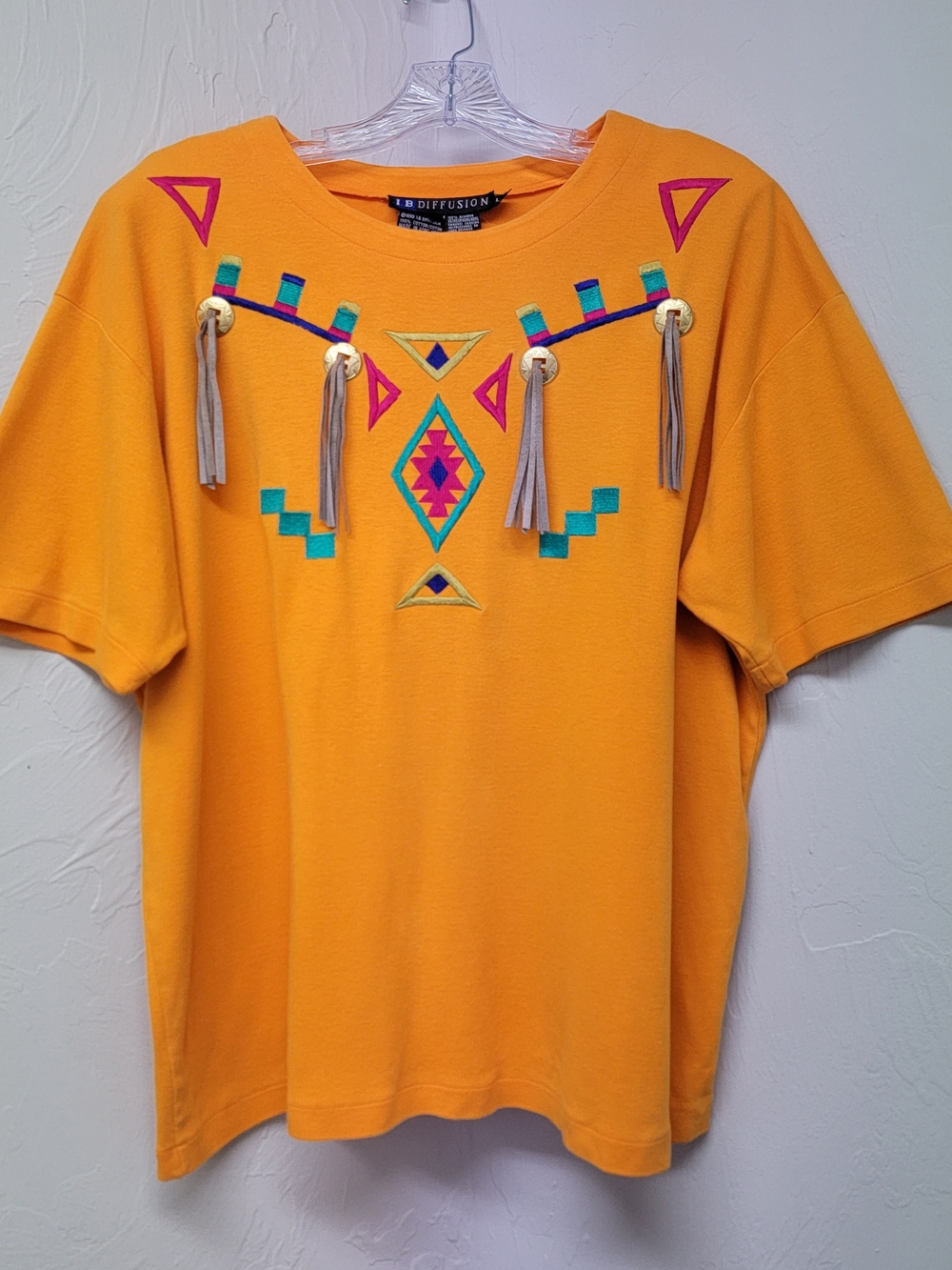 Vtg 90s I.B. Diffusion Womens Southwestern Aztec Conch Fringe Embroidery Top LG
